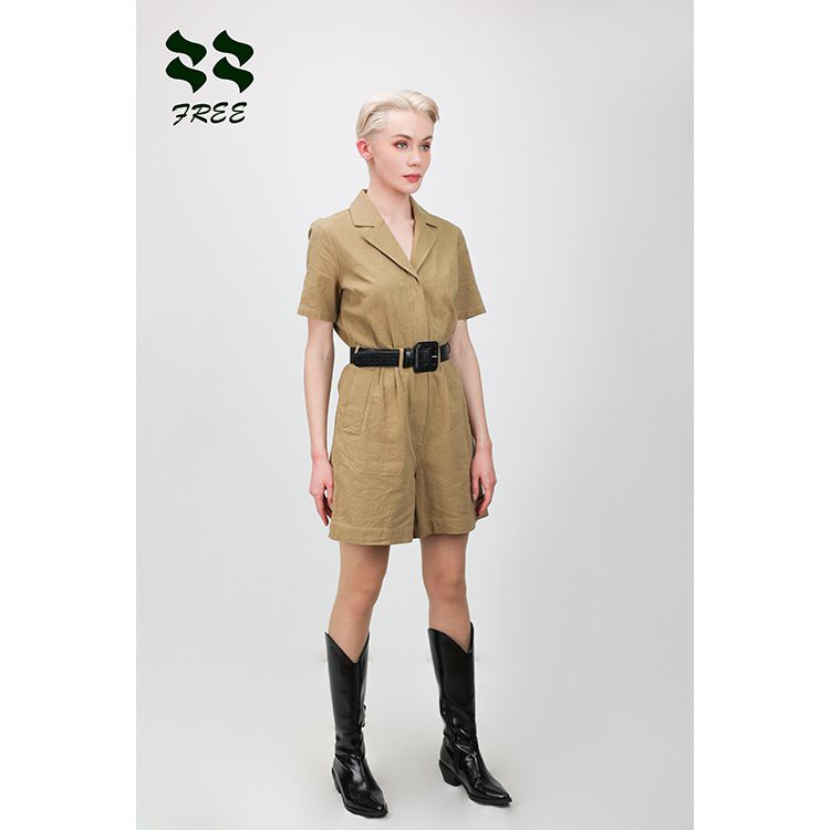 Women Solid One Piece Short Sleeve Cotton Fitted Jumpsuit